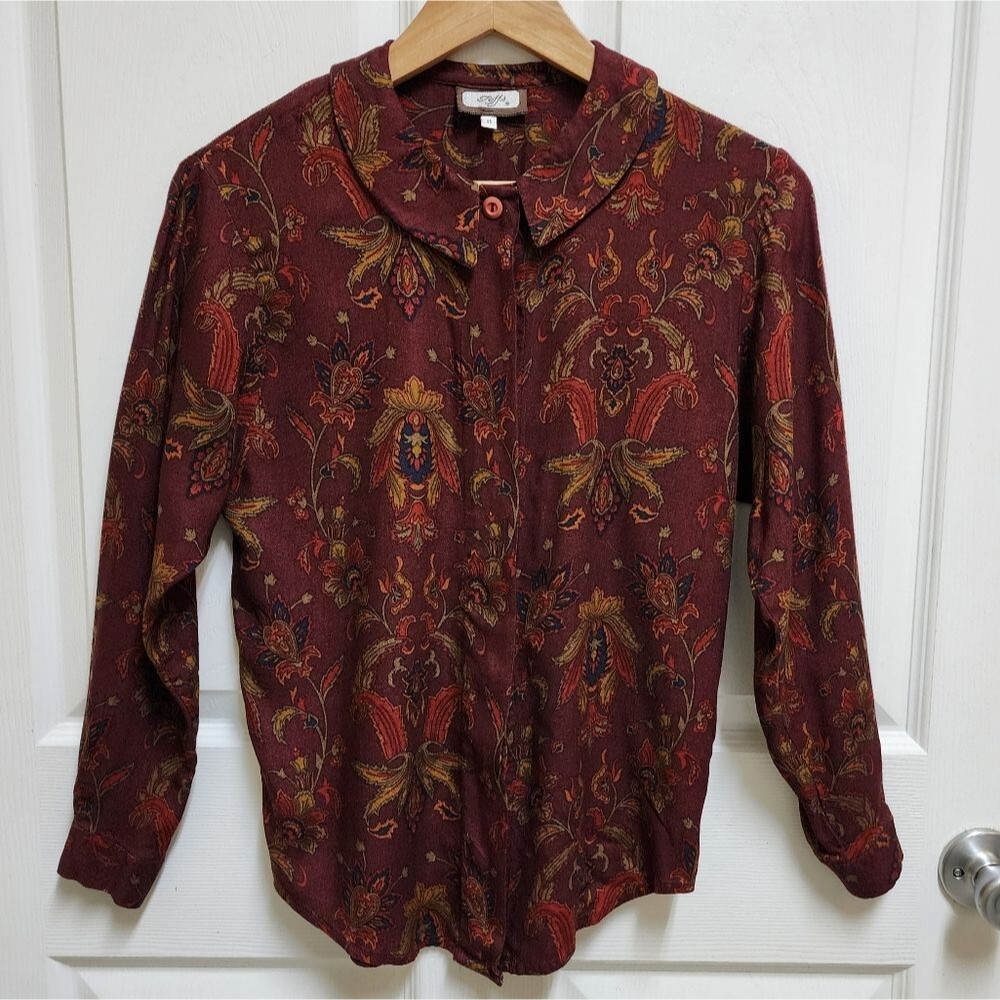 Toffs Top Womens 8 Burgandy Floral Long Sleeve Peter Pan Collar Button Vintage